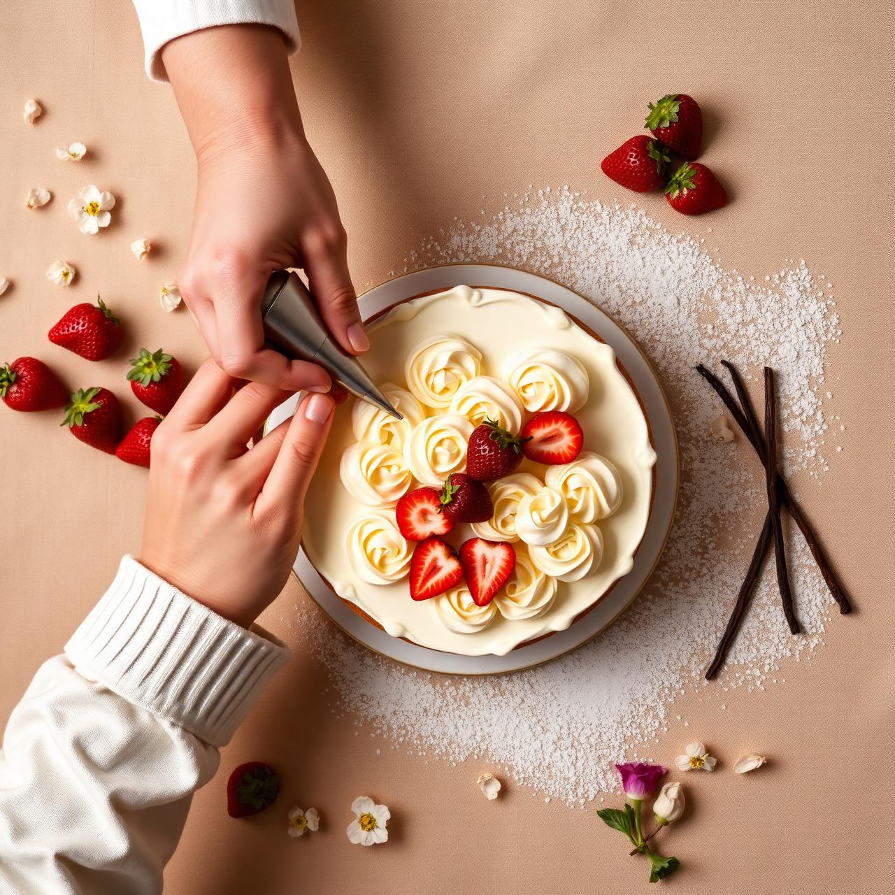 Baker piping cream rosettes onto a cake
